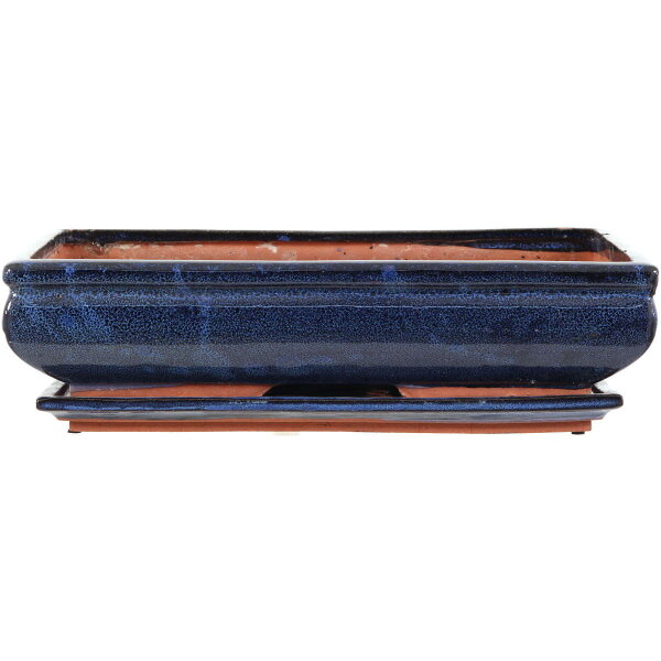 Bonsai pot with drip tray 38.5x24x9cm blue rectangular glaced