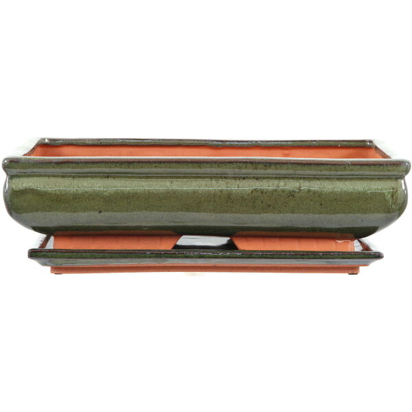 Bonsai pot with drip tray 33.5x20.5x9cm green rectangular glaced