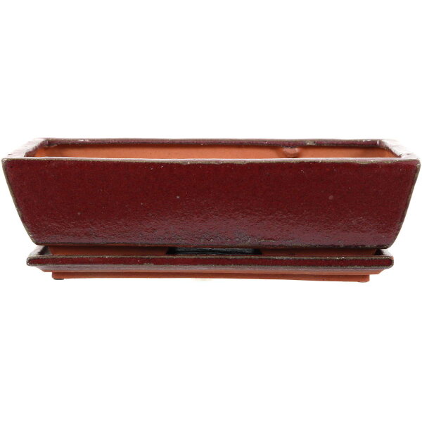 Bonsai pot with drip tray 33.5x20.5x8.5cm red rectangular glaced