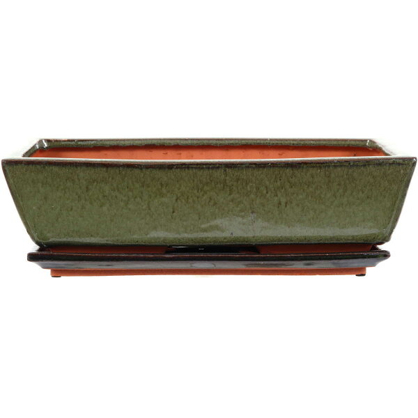 Bonsai pot with drip tray 33.5x20.5x8.5cm green rectangular glaced