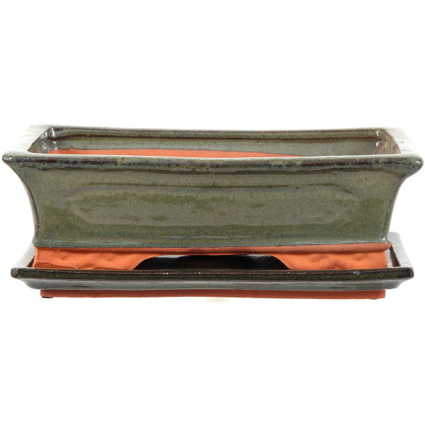 Bonsai pot with drip tray 28x18x8cm green rectangular glaced