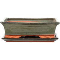 Bonsai pot with drip tray 28x18x8cm green rectangular glaced