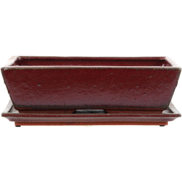 Bonsai pot with drip tray 27.5x17.5x8cm red rectangular glaced