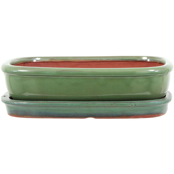 Bonsai pot with drip tray 25.5x19.5x6.5cm green rectangular glaced
