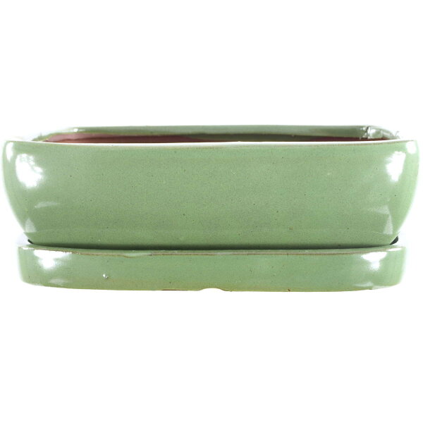Bonsai pot with drip tray 24.5x19.5x8cm light-green rectangular glaced