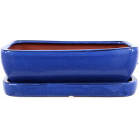 Bonsai pot with drip tray 25x19.5x7.5cm blue rectangular glaced