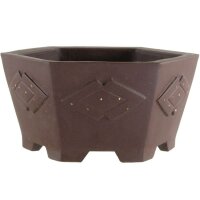 Bonsai pot 10x10x5.5cm handmade dark brown hexagonal unglaced