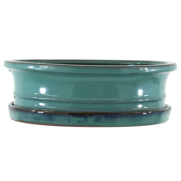 Bonsaischale mit Untersetzer 25x21x8.5cm Blaugrün Oval Glasiert