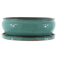 Bonsai pot with drip tray 28x24x10.5cm bluegreen oval glaced