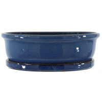Bonsai pot with drip tray 31x25x10.5cm blue oval glaced